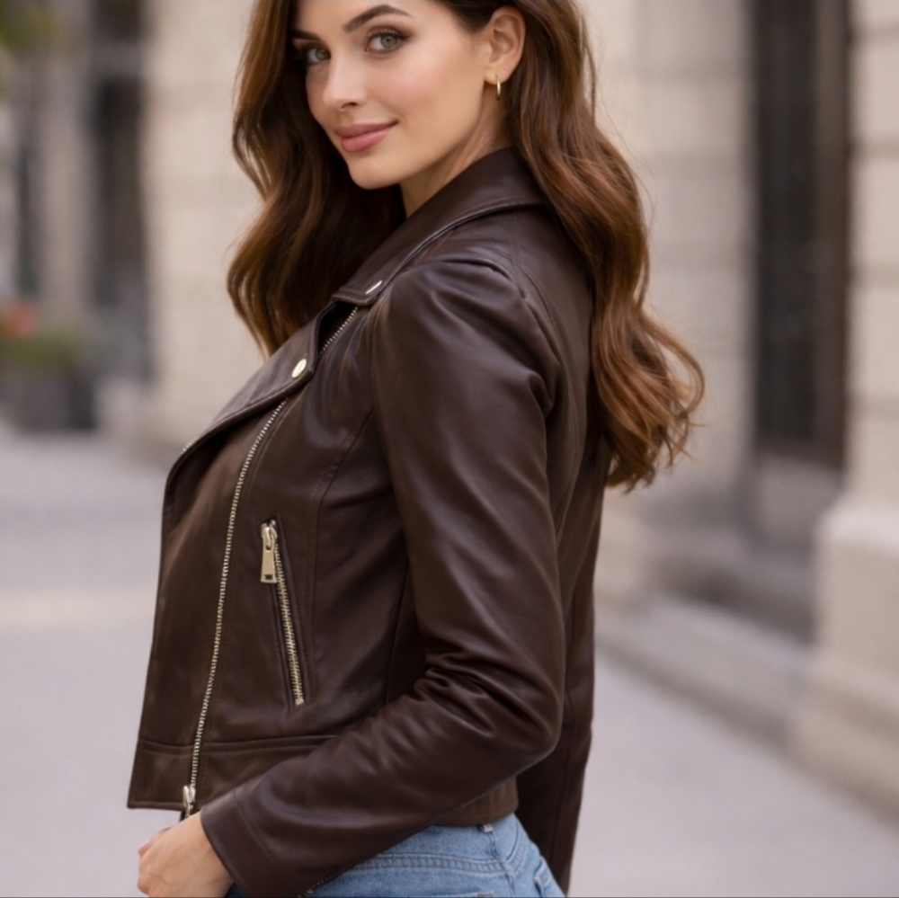 Landry | Dark Brown Faux Leather Silver Zipper Jacket - Picture 3 of 10